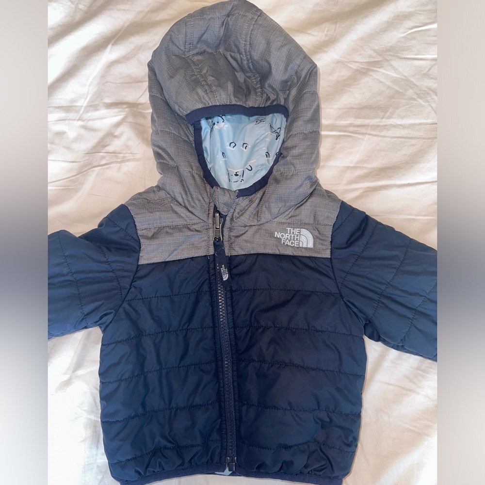 Toddler North Face Blue Winter Coat. Reversible, 12-18 month. Light yet warm!
